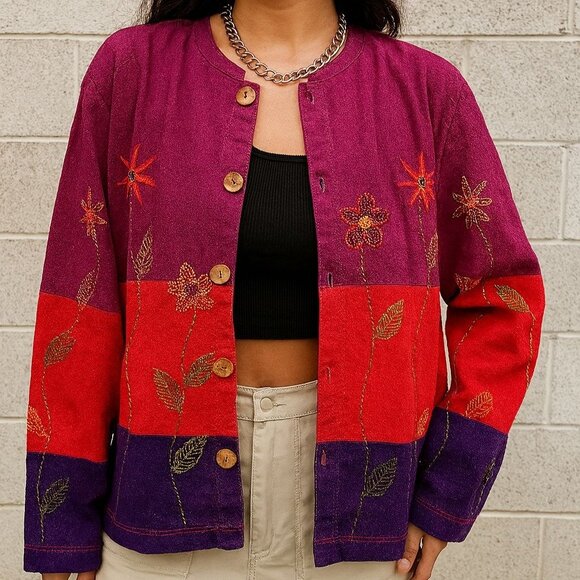 Coldwater Creek Embroidered Floral Linen-Blend Jacket M Colorblock Boho Artsy - Picture 4 of 9